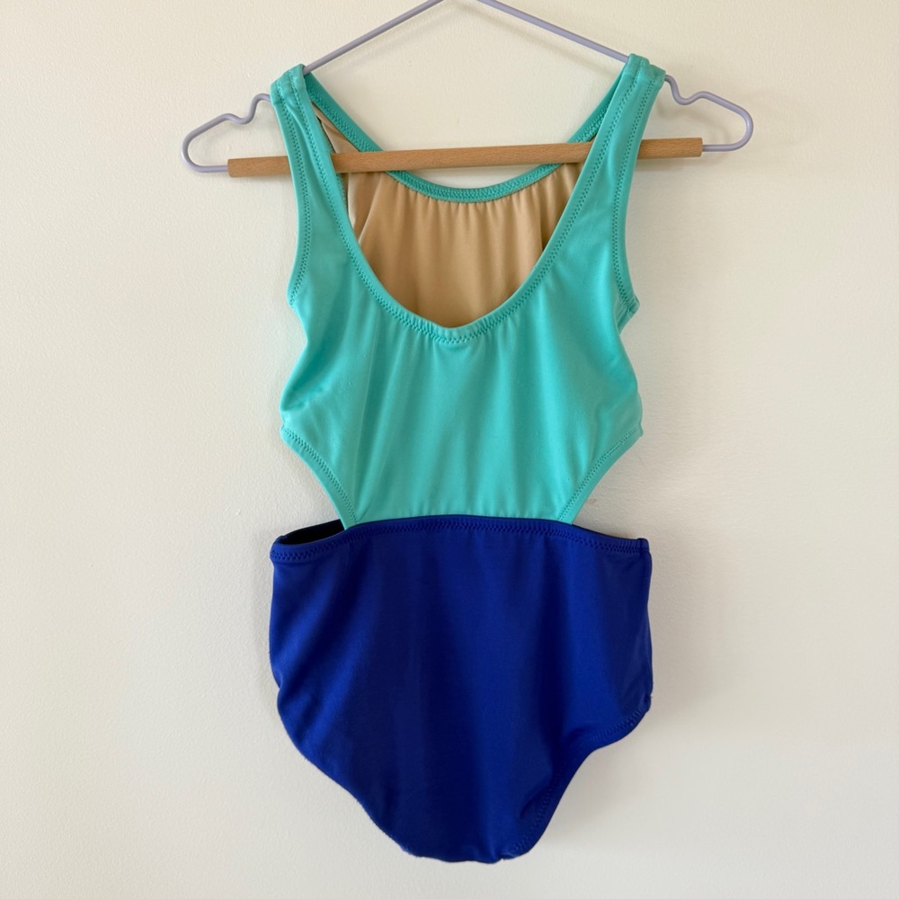 J.Crew Crewcuts Colorblock Cutout One-Piece Swimsuit Turquoise Blue | Girls 3 - Picture 5 of 8